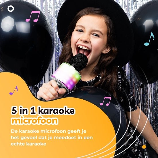 AyeKids 5-in-1 Karaoke Microphone - Sans fil & Bluetooth - Haut-parleur intégré & lumières Disco - Câble AUX inclus - Microphone Kids - Karaoke Set - Noir
