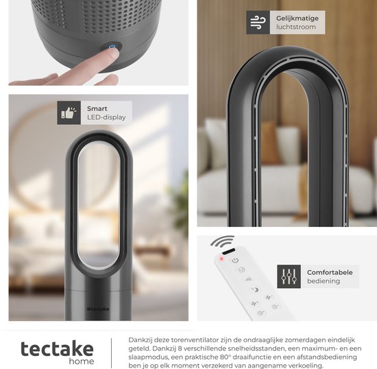 Ventilateur colonne tectake® Polar - Ventilateur colonne avec télécommande - 8 vitesses et minuterie - Fonction d'oscillation à 80° - Ventilateur silencieux (35-55 dB) - Modèle sur pied avec panneau de commande à LED - Hauteur : 55,5 cm - Rafraîchisseur d