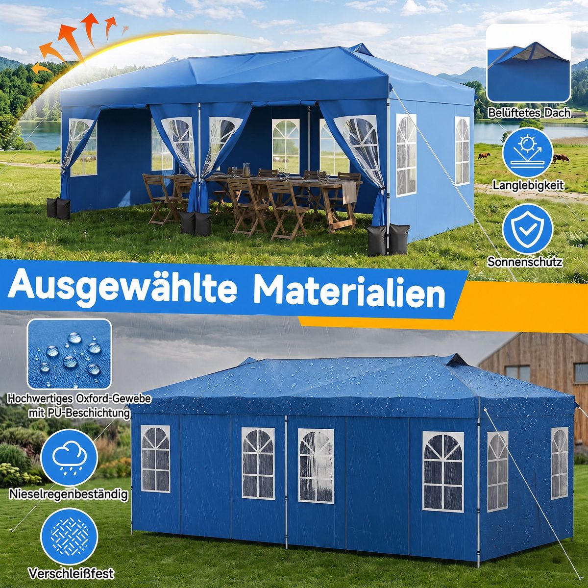 Tente de réception pliable Coast - 3 x 6 mètres - hauteur réglable - 6 parois latérales - bleue