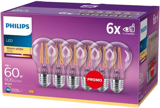 Ampoule LED Philips à faible consommation d'énergie, transparente - 60 W - culot E27 - lumière blanc chaud - lot de 6 - Réduisez vos factures d'électricité