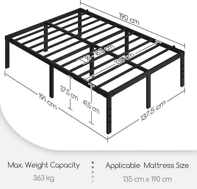 Cadre de lit en métal Yaheetech 135 x 190 cm – Noir – 135 x 190 x 41,5 cm – Avec sommier à lattes en acier et espace de rangement
