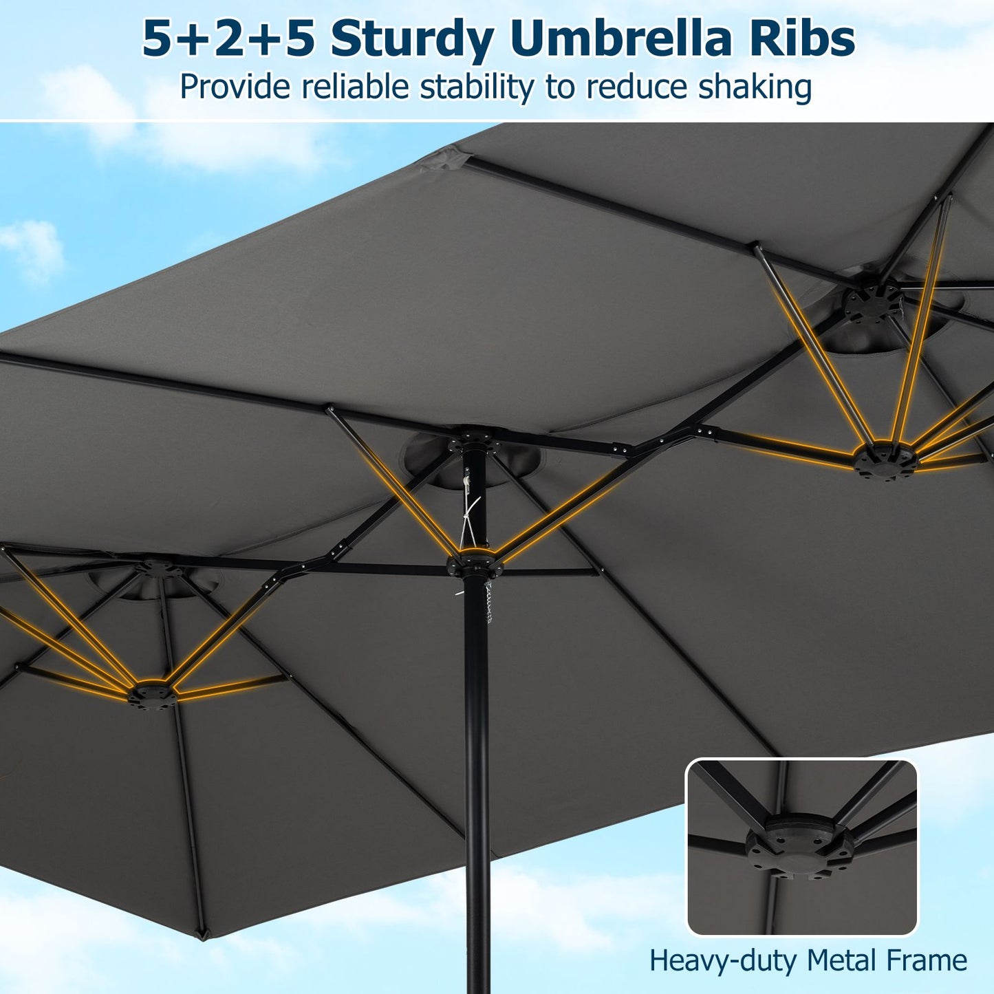 Parasol Coast à double toit 430 x 276 x 260 cm, très grand format - 12 baleines - Système à manivelle - Gris