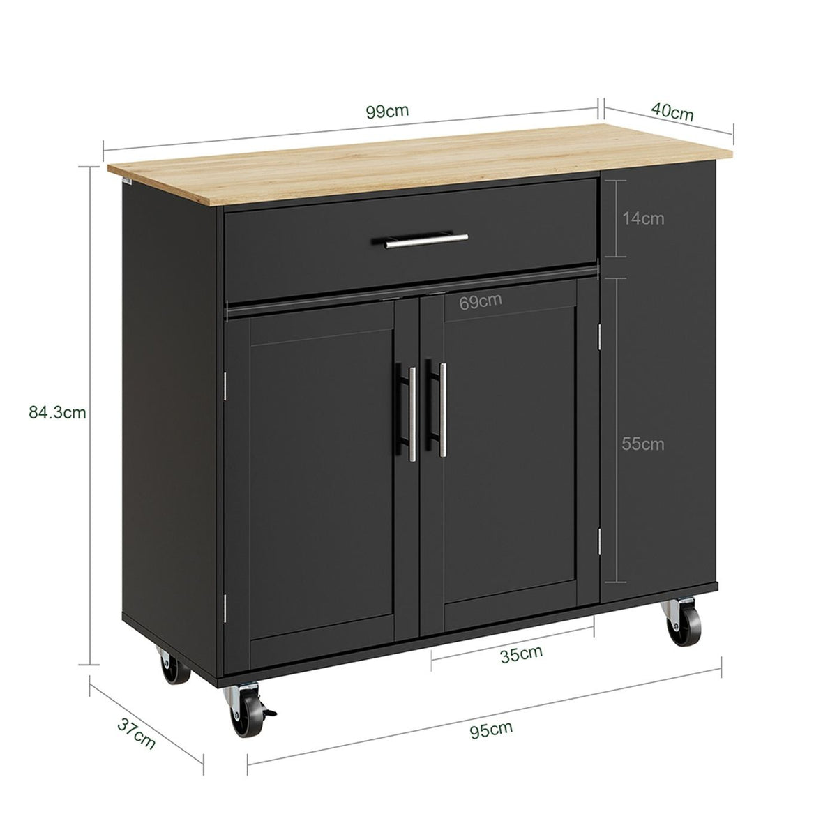 Chariot de cuisine SoBuy 99 x 40 x 84,3 cm - Noir - 2 portes - 1 tiroir - 4 roulettes