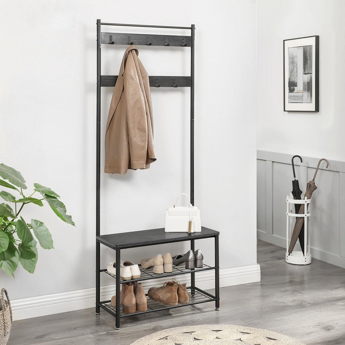 O'DADDY® porte-manteau vertical - porte-manteau avec porte-chaussures - 9 crochets 2 couches porte-chaussures 6 paires - porte-manteau - 70 x 32 x 175 cm - porte-manteau noir / gris foncé