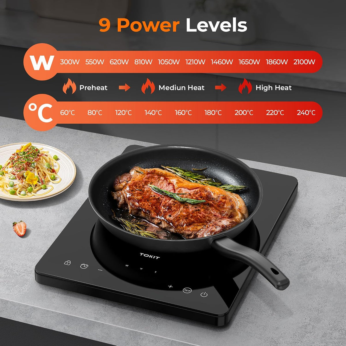 Plaque à induction Tokit 2000 W – 9 niveaux de cuisson, minuterie de 90 min – Ultra-fine (40 mm) – Noire