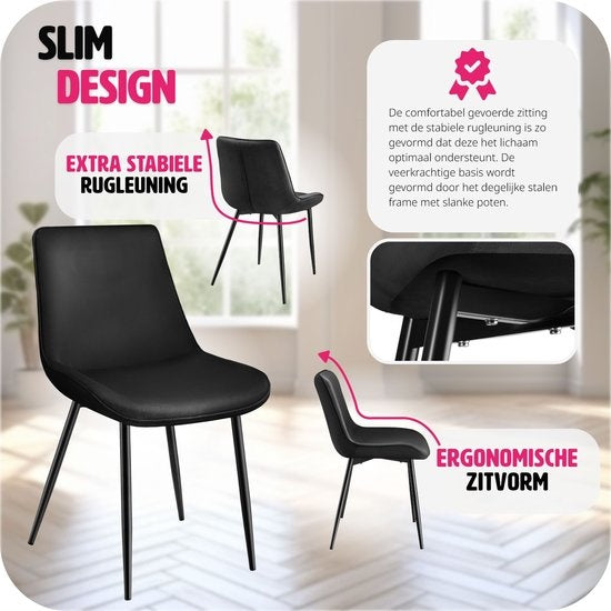 tectake® chaises de salle à manger set of 2, chaises rembourrées en velours avec dossier, chaise de salon ergonomique avec assise rembourrée en velours, chaise de cuisine confortable, pieds en métal noir - noir