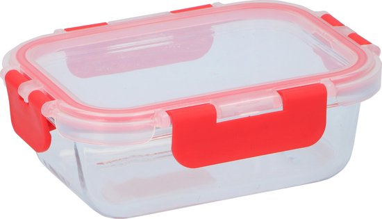 Boîte de conservation Alpina - 390 ml - Verre borosilicaté - Convient au congélateur, au micro-ondes, au four et au lave-vaisselle - 15,5 x 11,5 x 5,5 cm - Transparent/Rouge