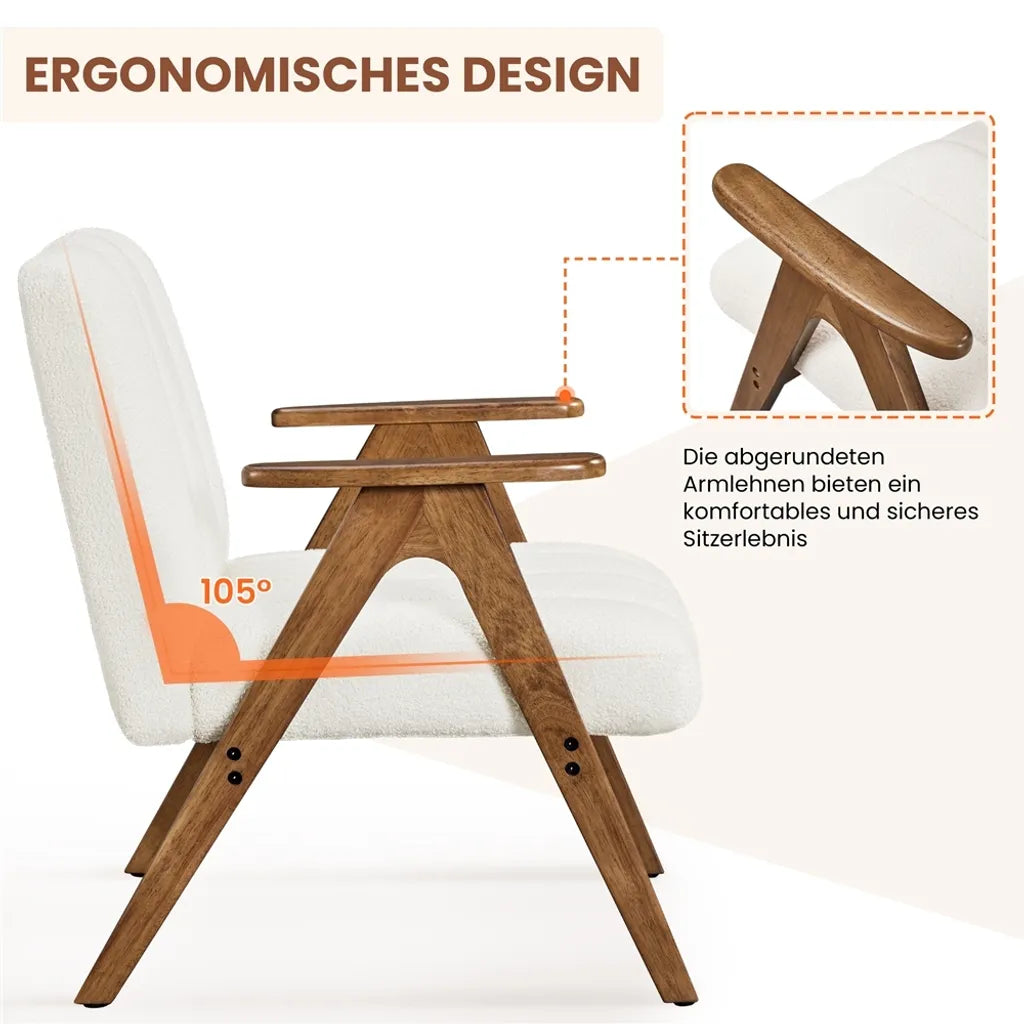 Yaheetech Armchair White - Chaise longue bouclée avec accoudoirs et pieds en bois - 60,5 x 68,5 x 73 cm