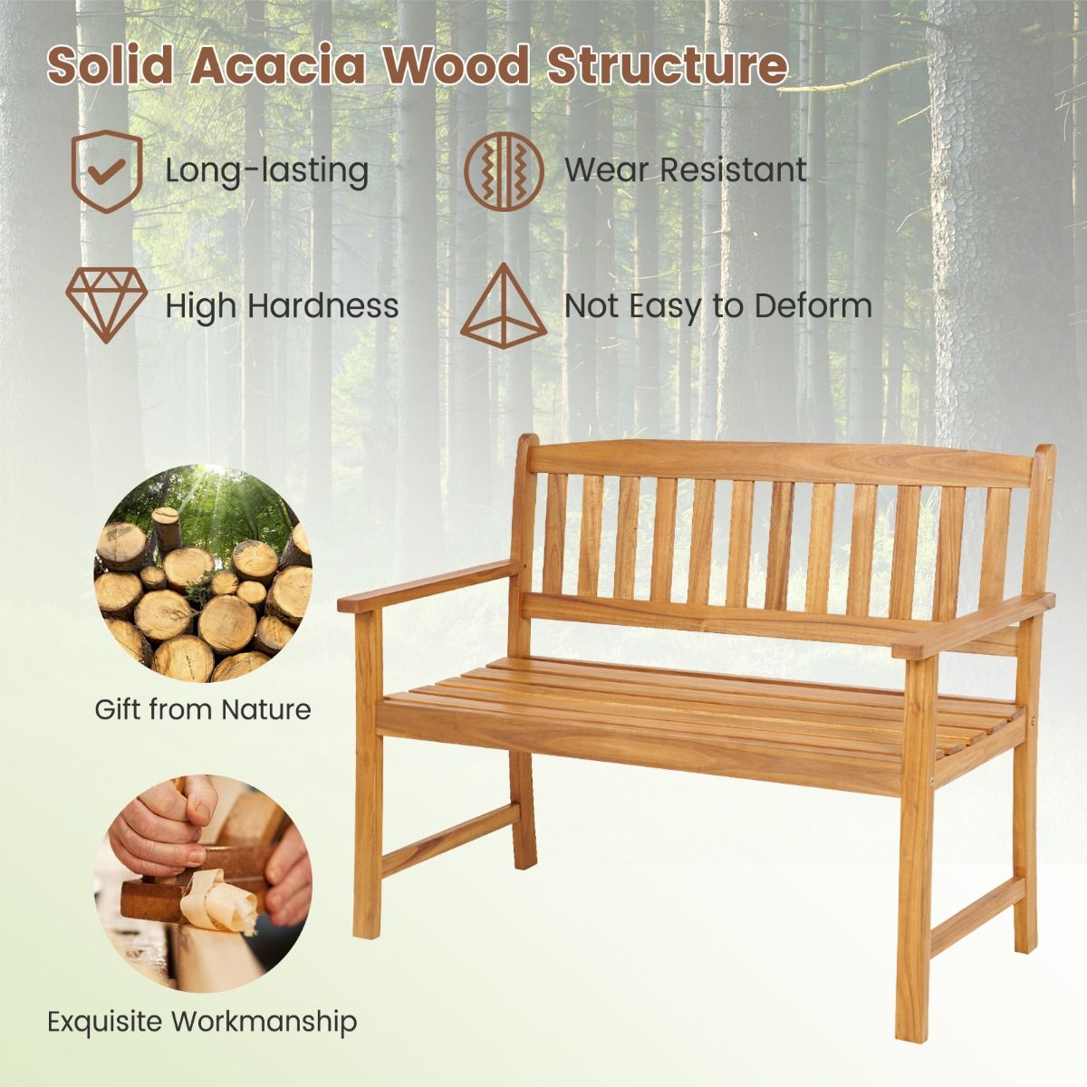 Banc de jardin Coast - Bois d'acacia massif - 2 places - Capacité de charge jusqu'à 360 kg - Finition naturelle - 110 x 56,5 x 86 cm