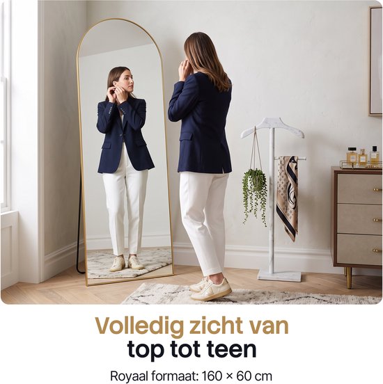 Miroir Infinity Goods - 160 x 60 cm - Miroir mural design - Miroir sur pied avec cadre métallique - À suspendre - Miroir de dressing - Forme arrondie - Moderne - Doré