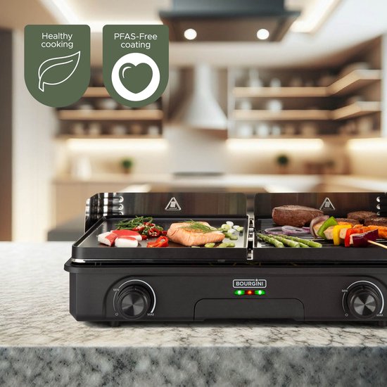 Bourgini Plancha Pure pour 8 - Revêtement céramique (sans PFAS) - Électrique - Gril sain - Plaque de cuisson - Plaque grill - Plaque tournante striée et plate