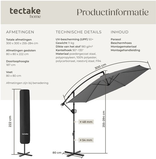 tectake® Parasol à pied flottant - 3 x 3 m - Parasol de jardin - Orientable - Polyester hydrofuge avec protection UV - Housse incluse - Gris