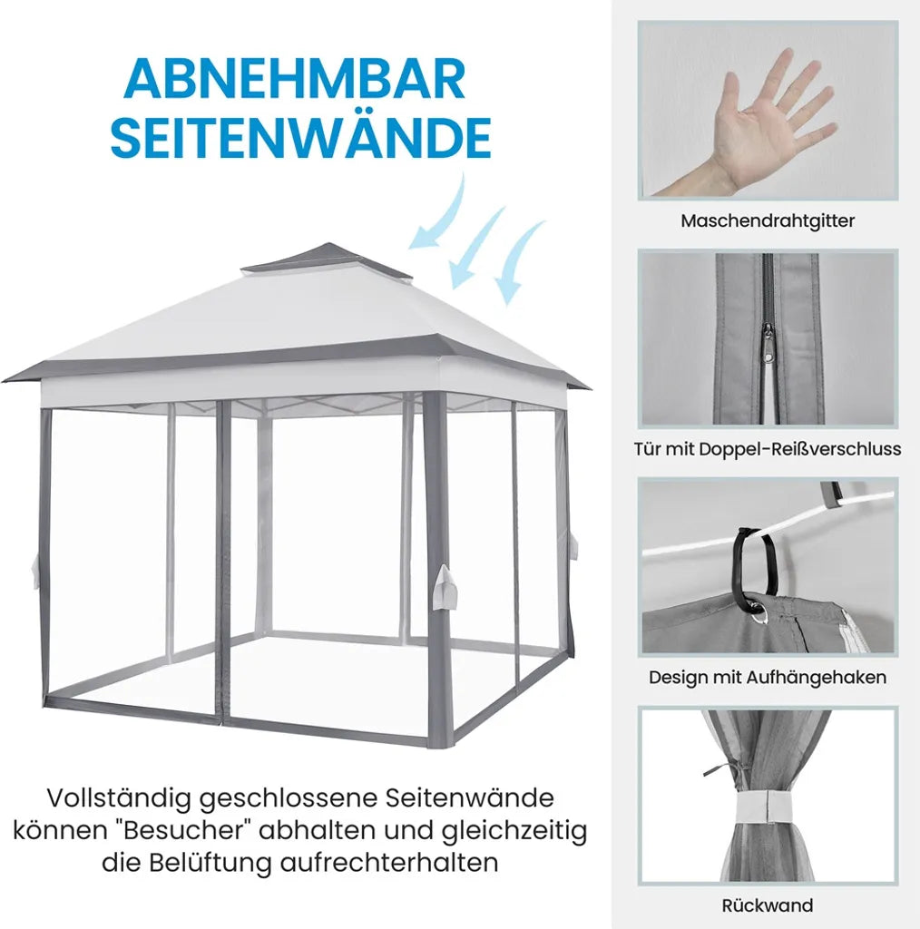 Tente de fête pliable Yaheetech 330 x 330 cm - Gris clair/Gris foncé - Pavillon de jardin pliable avec double toit et 4 parois latérales en filet