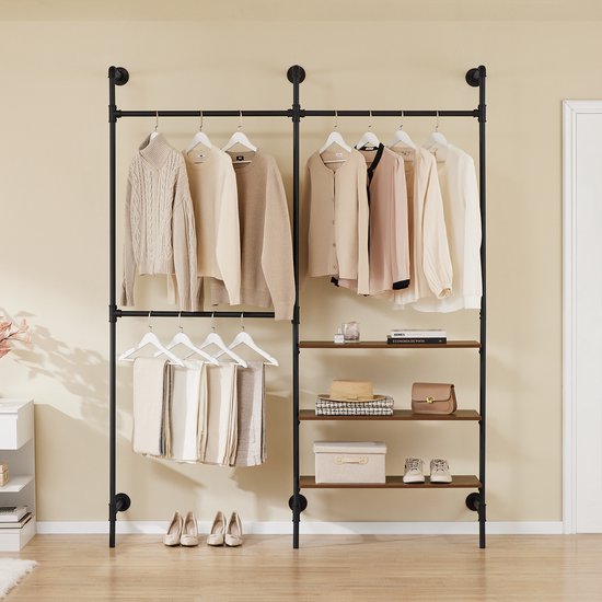 SoBuy armoire à vêtements industrielle avec 3 barres et 3 étagères en MDF, armoire ouverte robuste, noir industriel KLS18-SCH