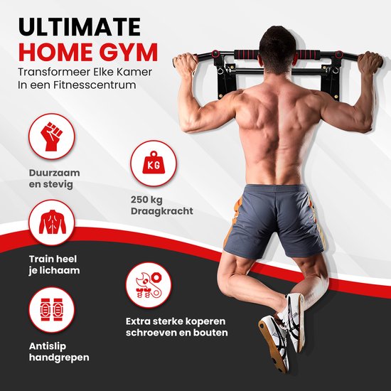 TTD® Premium Pull Up Bar - Pull Up Station - Wall Mount Pull Up Bar - Dip Station - Dip Bars - Home Sports - Home Fitness - Premium materials - Extra sturdy mounting parts - Home workout - Black/Red