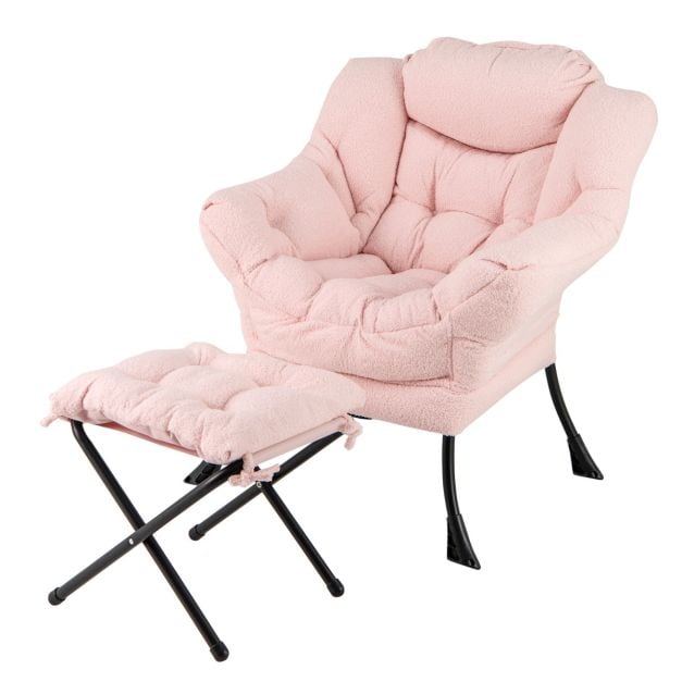 Fauteuil de détente Coast rose avec accoudoirs, coussin d'appui-tête et poche latérale – Fauteuil de détente avec repose-pieds en option – Sherpa – Rose