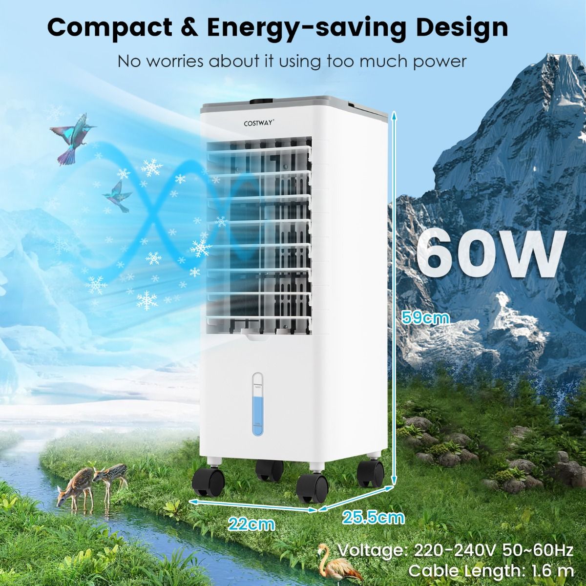 Coast Mobile Air Conditioner - 3 en 1 - Sans tuyau d'évacuation - 60W - 2.8L - 25.5 x 22 x 59 cm - Blanc