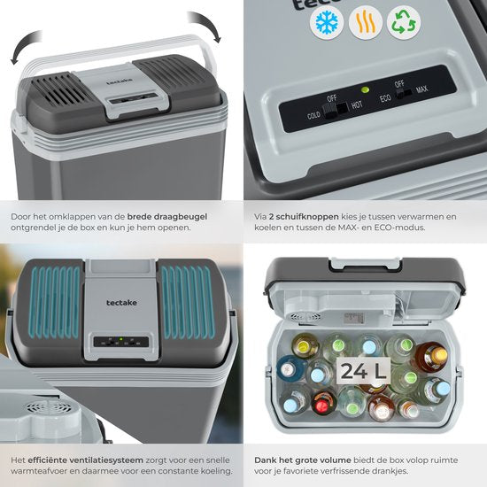 Glacière tectake® - Électrique - 24 litres - Poignée - Glacière pour voiture - Boîte isotherme - Chargeur 12 V et 230 V - Réfrigérateur de camping - Refroidissement et chauffage