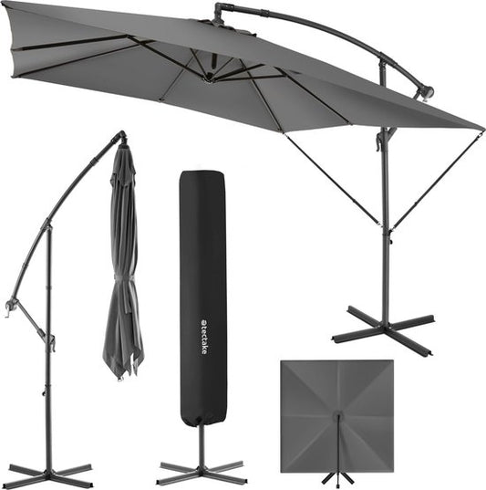 tectake® - Parasol Apollon square 250 x 250 cm - Avec protection contre le vent et housse de protection - gris
