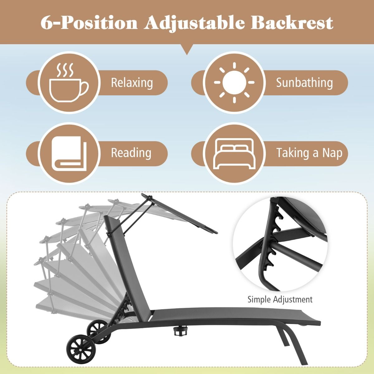 Coast Terrace Lounger Chaise longue pour l'extérieur Gris 165-191x61x40-96 cm Dossier réglable avec capuche et porte-gobelet