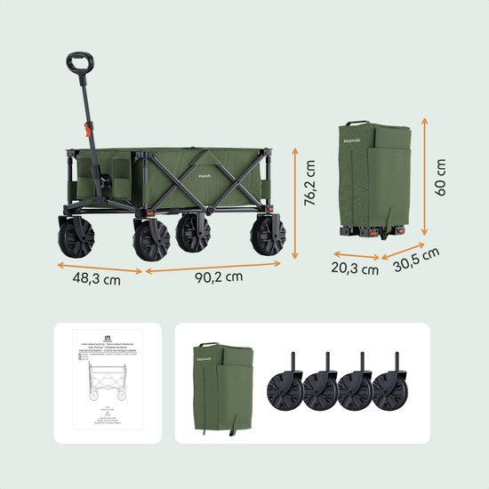 LifeGoods Wagon - Pliable - 100KG - 135L - Roues amovibles - Housse de protection - Vert