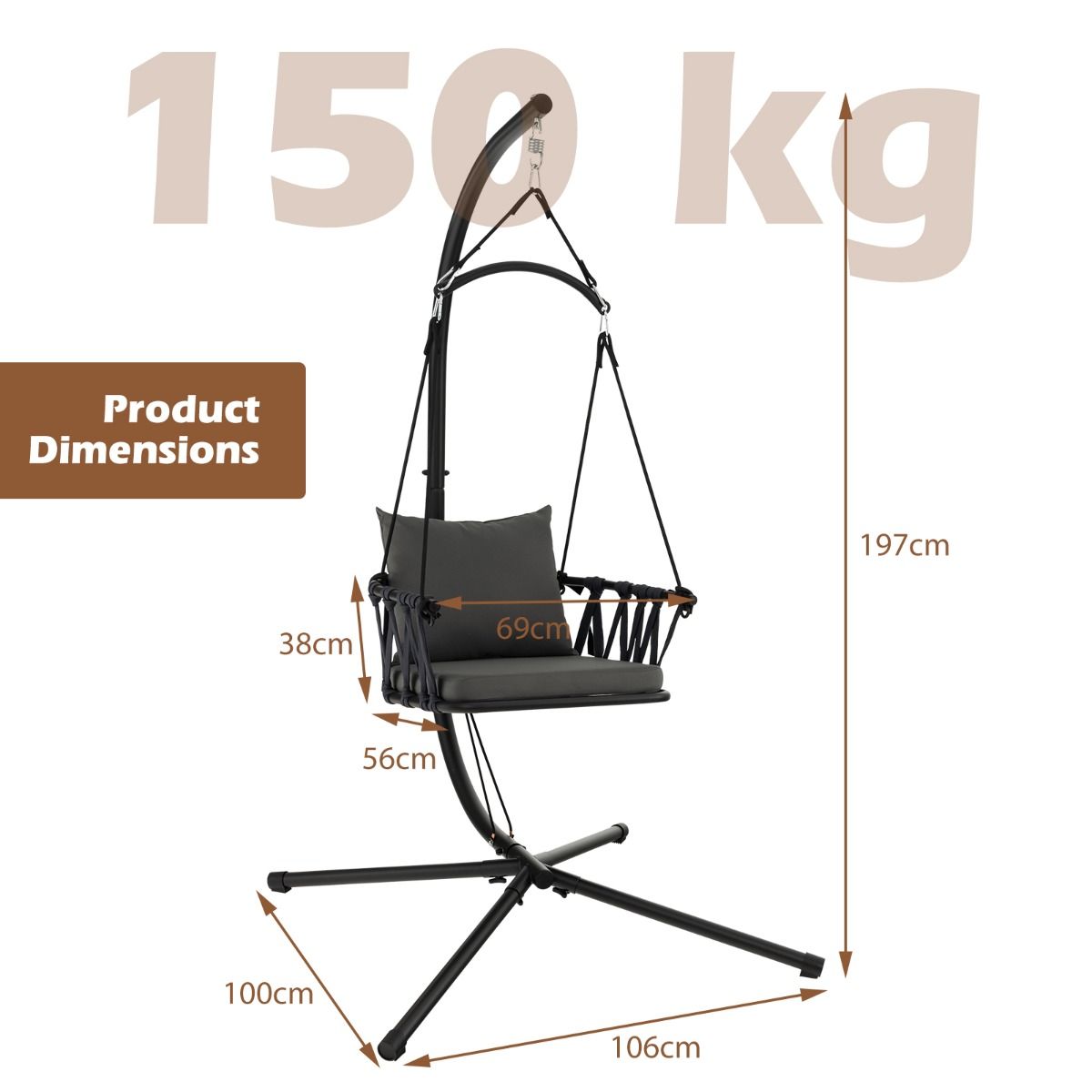 Fauteuil suspendu Coast avec support - Dossier tressé - Coussins d'assise et de dossier inclus - Gris