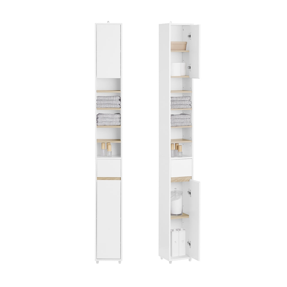 SoBuy BZR34-WN Meuble de salle de bain haut 20x20x180 cm - Blanc et bois - Meuble de rangement étroit et indépendant avec étagères et tiroirs réglables