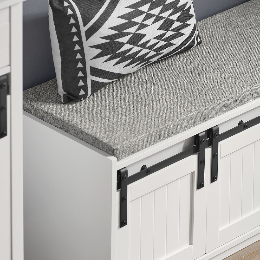 SoBuy FSR133-W Meuble à chaussures Meuble à chaussures Meuble d'entrée Meuble de rangement bas Meuble de rangement Meuble de rangement avec 1 coussin rembourré et 3 portes-fenêtres