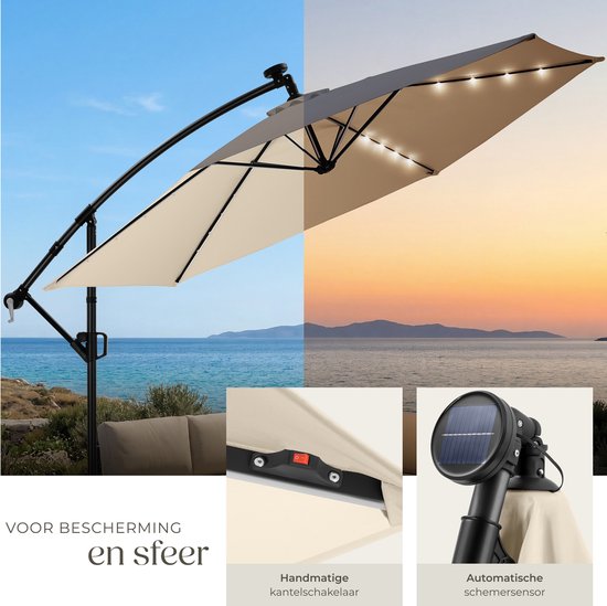 tectake® Parasol suspendu avec pied - 3 x 3 m - Parasol de jardin avec éclairage LED à énergie solaire - Orientable - Polyester hydrofuge avec protection UV - Housse incluse - Beige