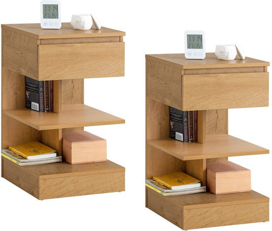SoBuy Set of 2 Side Table, Nightstand with 1 Drawer and 3 Shelves, Multifunctional Coffee Table for Bedroom or Living Room, Scandinavian Design, Natural Wood Brown, 39x65x39cm, FBT49-Nx2