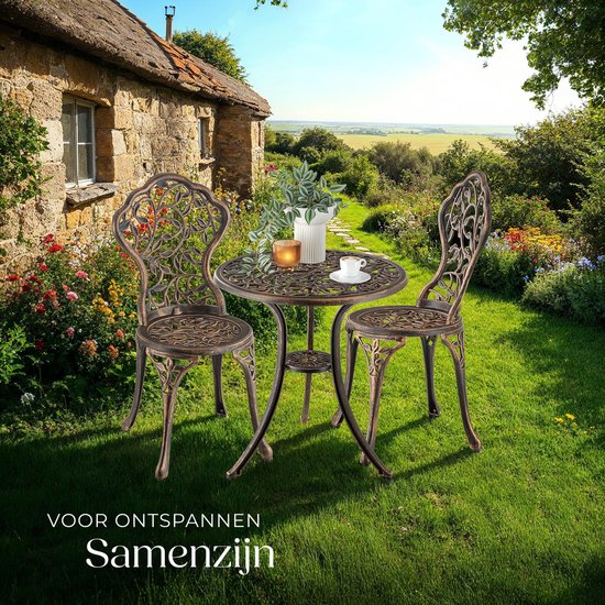 tectake® Ensemble bistro 2 personnes - Table bistro vintage avec 2 chaises bistro - Ensemble bistro en aluminium pour le jardin, la terrasse ou le balcon - Résistant aux intempéries - Couleur bronze