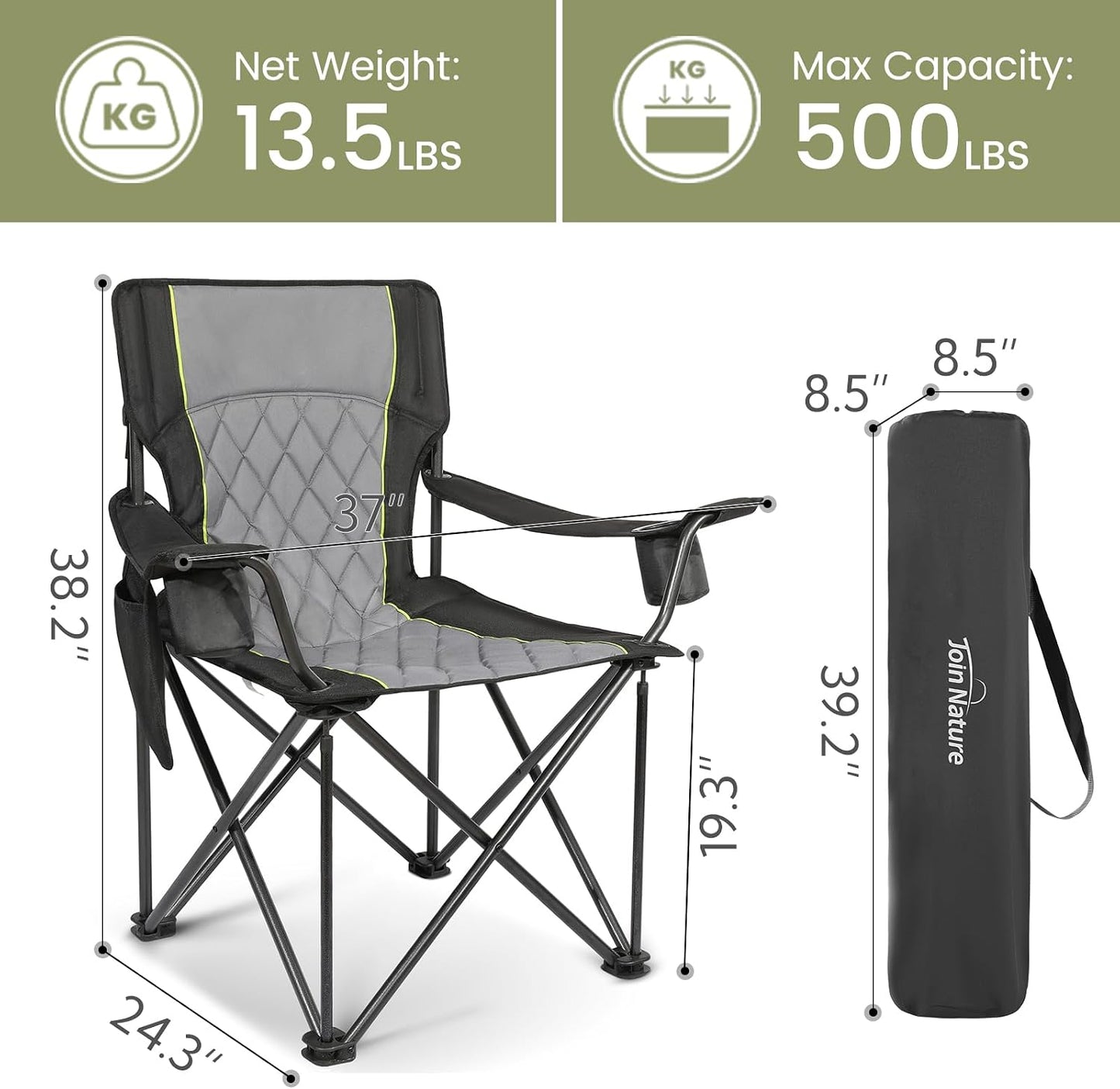 Chaise de camping pliable Join Nature - Noire - 56 x 94 x 97 cm - Capacité de charge maximale : 227 kg