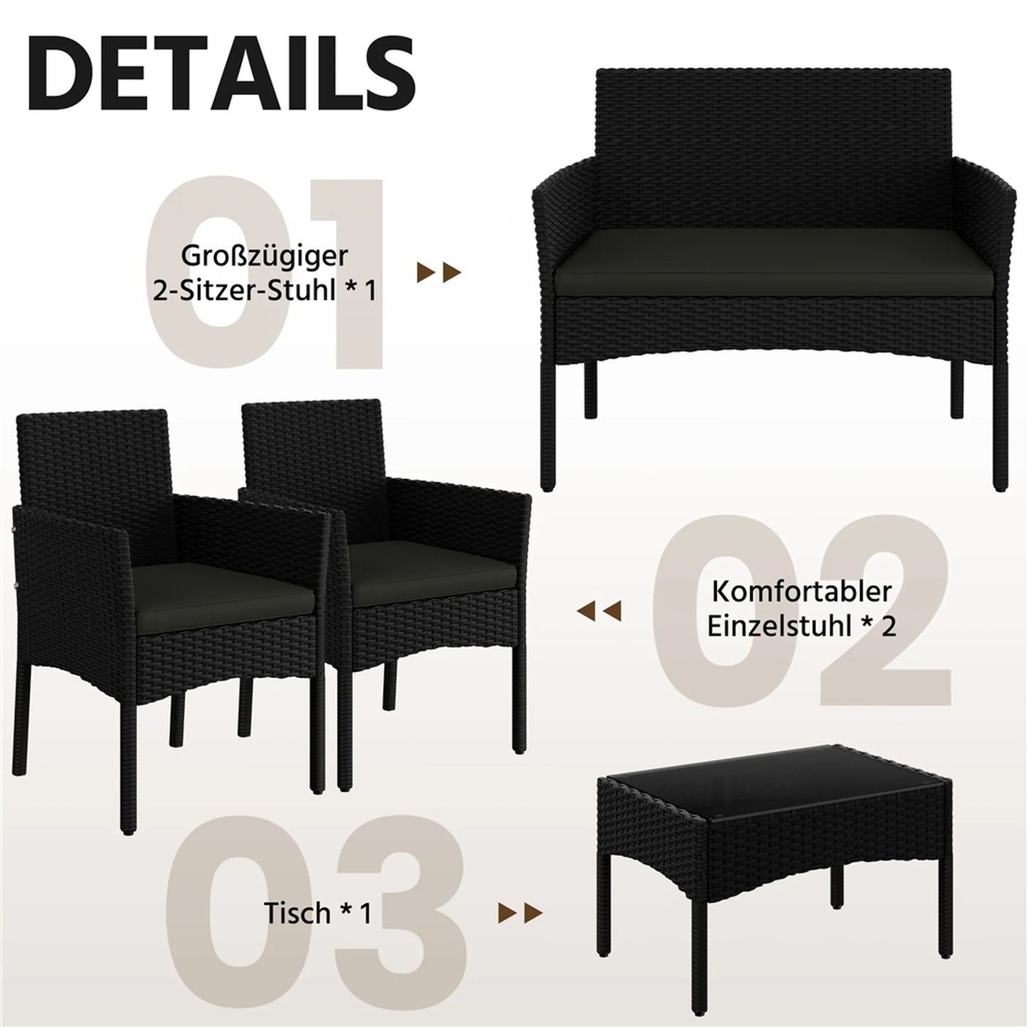 Yaheetech Garden Set Lounge Set 4-Piece - 100 x 59.5 x 83.5 cm - Equipé d'un plateau de table en PE-Rattan tressé à la main et de coussins lavables - Pour le jardin et le balcon - Polyéthylène noir et métal