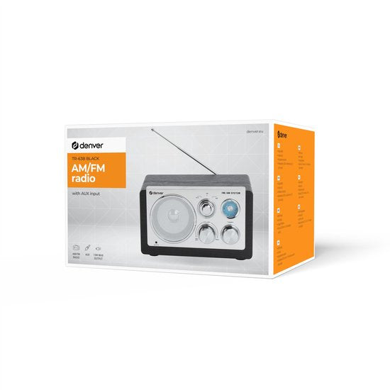 Denver Radio FM portable - Rétro - Alimentation par piles ou secteur - Radio de cuisine - AM - FM - TR63 - Noir