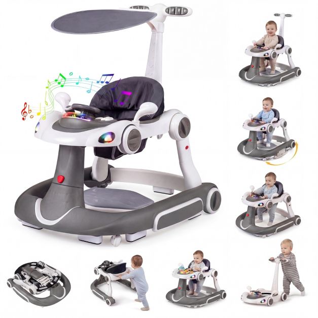 Coast 6-in-1 Trotteur pour bébé - Centre d'activités - Réglable - Musique - Eclairage - Balançoire - Gris