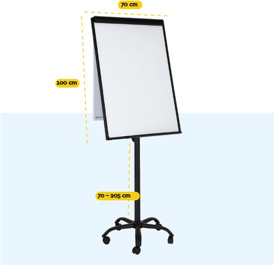 BRASQ Flipchart Mobile - 70x100 cm - Tableau blanc ajustable - Comprend 25 feuilles de papier, 4 marqueurs, 8 aimants, une gomme - Flipchart avec trombone et crochets - Tableau magnétique - Tableau magnétique - Noir