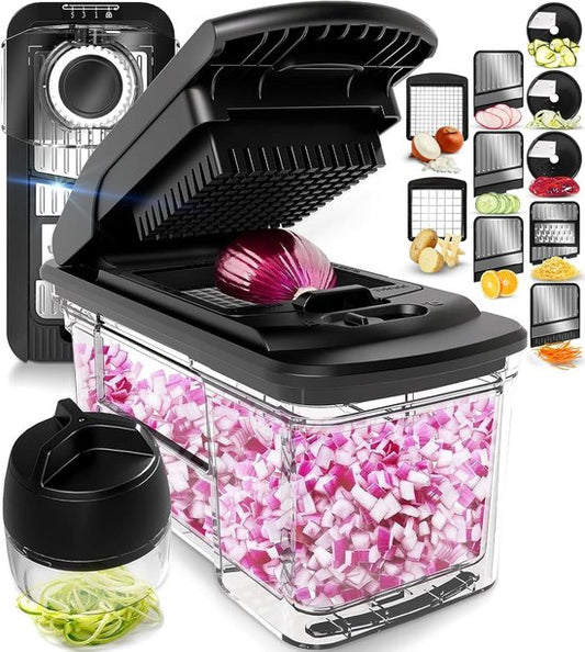 Mandoline Stosh - Coupe-légumes - Coupe-oignons - Coupe-légumes en spirale - Coupe-frites - Râpe - 6 pièces - Noir - Acier inoxydable - Sans BPA