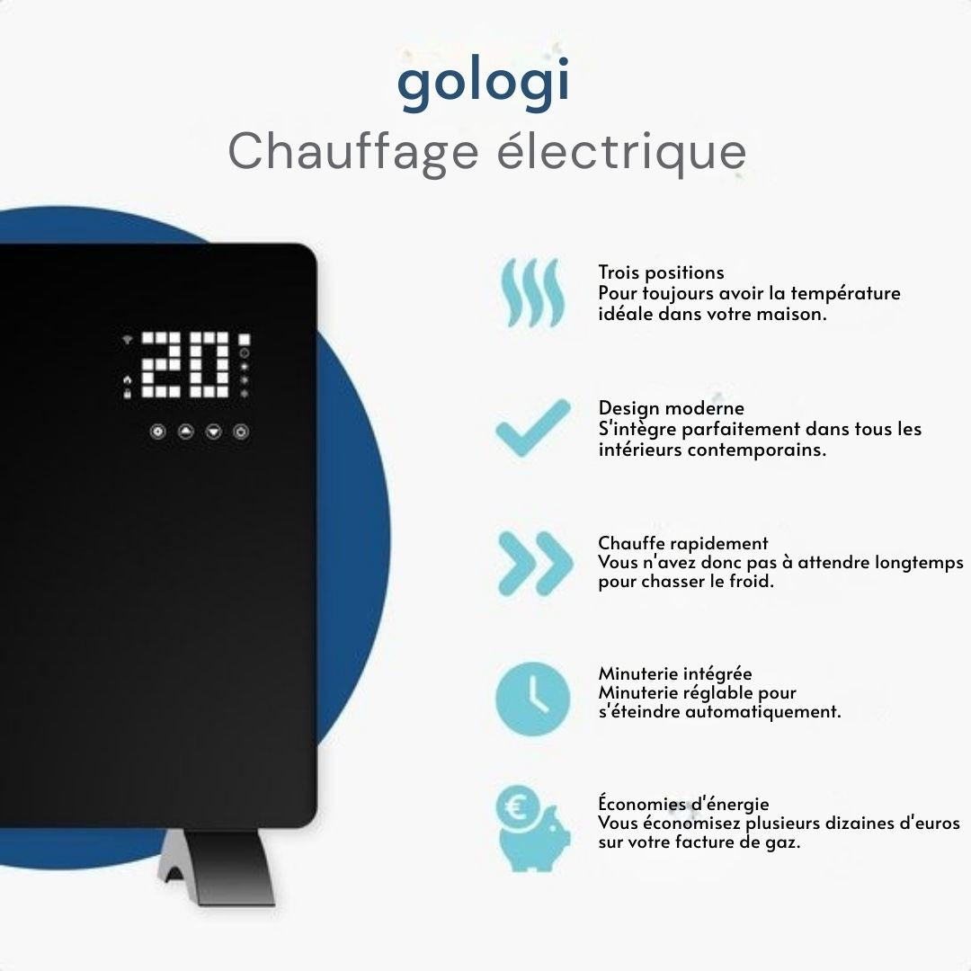 Chauffage électrique Gologi - Convecteur avec thermostat - Fonctionne par App et commandes tactiles - Jusqu'à 25m2 - 2000W Heater - Noir