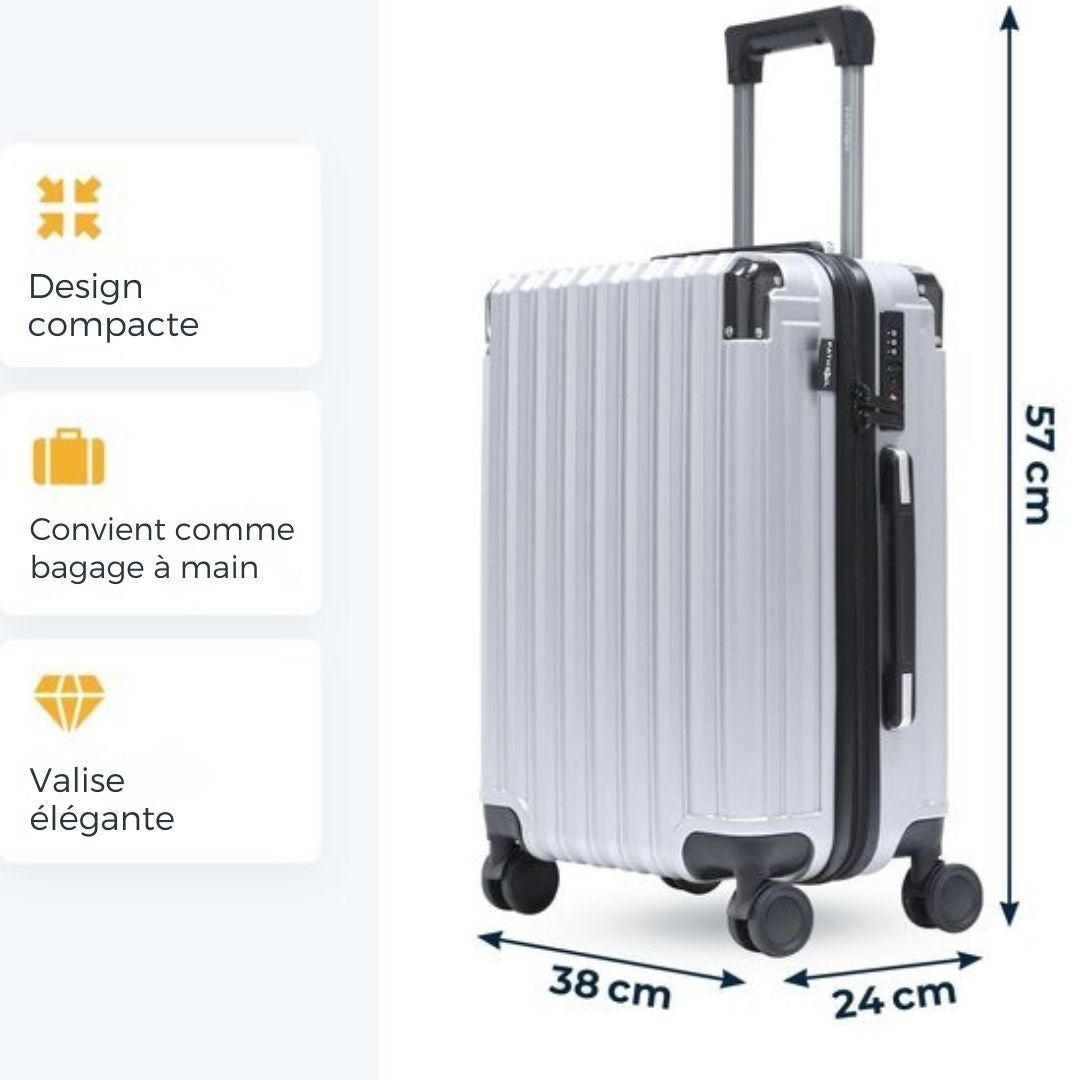 Valise cabine - Pathsail – 40L – Léger 2,98 kg – Roues 360° – Double serrure TSA – Compartiment PC – Zips YKK – 38 x 24 x 57 cm – Argenté