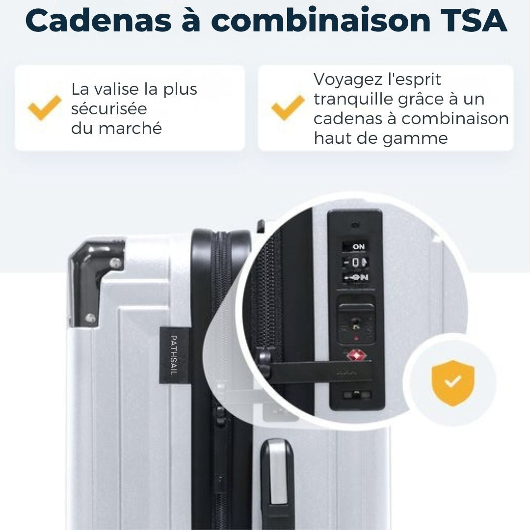Valise cabine - Pathsail – 40L – Léger 2,98 kg – Roues 360° – Double serrure TSA – Compartiment PC – Zips YKK – 38 x 24 x 57 cm – Argenté