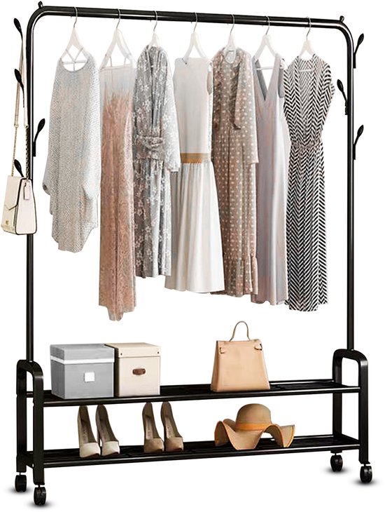 Vonia Rack à vêtements 157 x 34 x 105 cm - Rack à vêtements sur roulettes - Rack à vêtements avec porte-chaussures - Rack à vêtements en métal - Rack de penderie - Noir