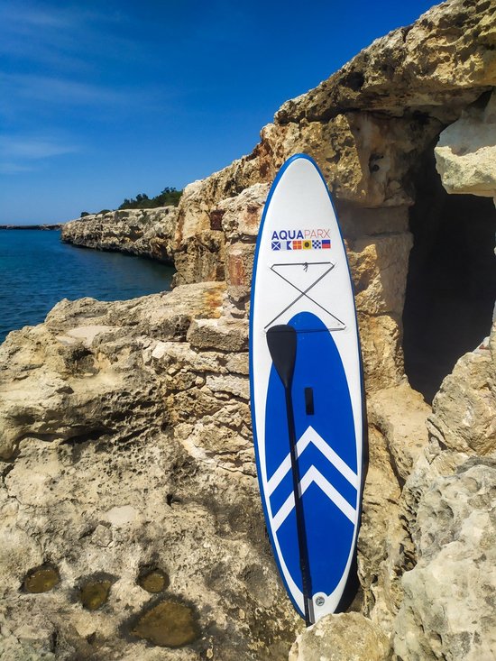 AQUAPARX MKII Professional Sup Board - Planche à pagaie gonflable - pour débutants et avancés - 1 personne - livré complet - blanc/bleu
