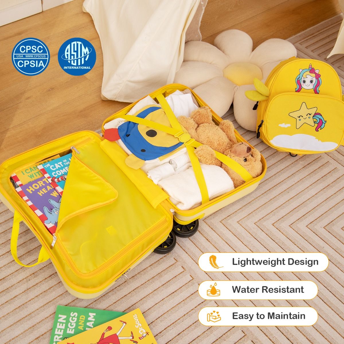 Ensemble valise et sac à dos pour enfants Coast - Valise à roulettes - Sac à dos avec un adorable motif d'abeilles - Jaune