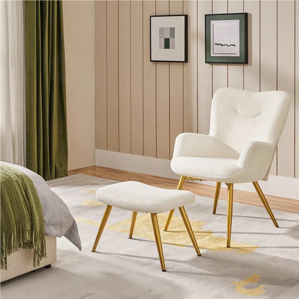 Fauteuil Yaheetech avec repose-pieds, bouclé, blanc/crème
