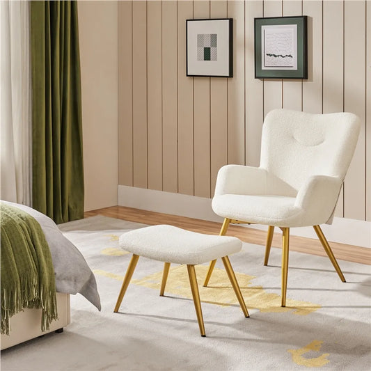 Fauteuil Yaheetech avec repose-pieds, bouclé, blanc/crème