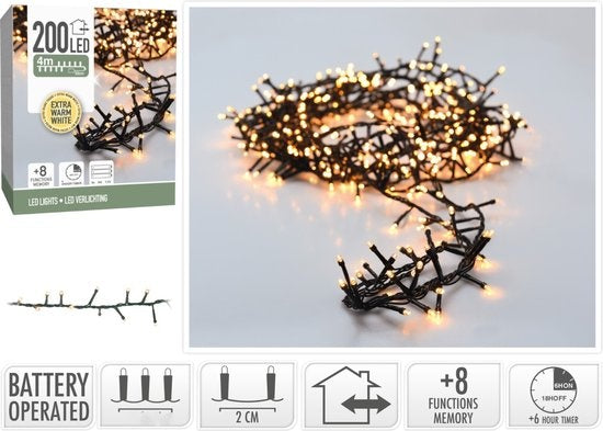 Micro Cluster 200 led - 4m - extra warm white - Batterie - Fonctions d'éclairage - Mémoire - Minuterie