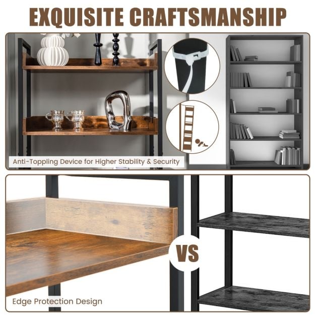 Étagère industrielle Coast avec 6 tablettes et 4 crochets – 69 x 34 x 177 cm – Marron et noir
