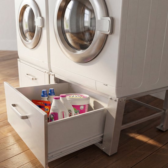 Vonia Machine à laver relevable - Double - Machine à laver et sèche-linge relevable - Machine à laver relevable avec tiroir - Armoire pour machine à laver - Conversion de machine à laver - Blanc