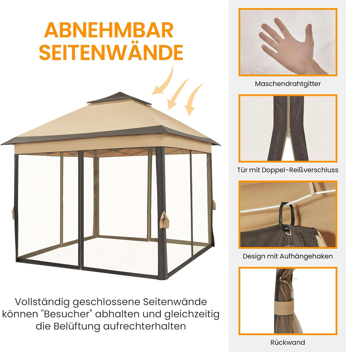Pavillon pop-up Yaheetech 3,3 × 3,3 m avec 4 parois latérales en filet et sac de transport, couleur kaki/marron