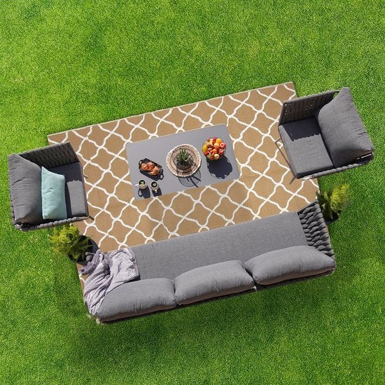 LifeGoods Tapis d'extérieur - 152x230CM - Tapis de jardin - Réversible - Sac de transport inclus - Avec motif - Beige/Blanc